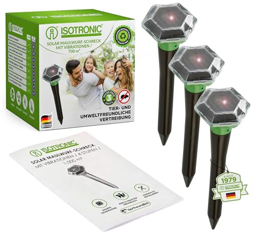 ISOTRONIC Solar Maulwurfvertreiber 700 m² Wirkungsbereich | gegen Bodentiere wie Maulwürfe, Wühlmäuse, Ameisen & Schlangen | Maulwurfschreck mit Frequenzschwingungen & Vibrationen, 3er Set