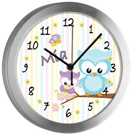 CreaDesign Kinder Funkwanduhr mit (Wunsch) Namen | Kinderzimmer Funkuhr| mit Analog ? Ziffernblatt | geräuscharm | Wanduhr Kind | Motiv Eule Frühling