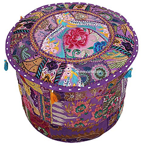 DK Homewares Ethnischer runder Hocker Fußhocker Lila Patchwork Bestickte Baumwolle Wohnzimmer Dekorative Osmanische Fußstütze Sitzhocker Sitzfläche | (16x16x13 Zoll / 40 cm) NUR ABDECKEN