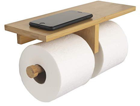 Arrow and Stem Moderner Toilettenpapierhalter zum Aufhängen, natürlicher Bambus, doppelter mit praktischer Ablage für Toilettenpapier, Telefon, Pflanzen, Dekoration und anderes Zubehör
