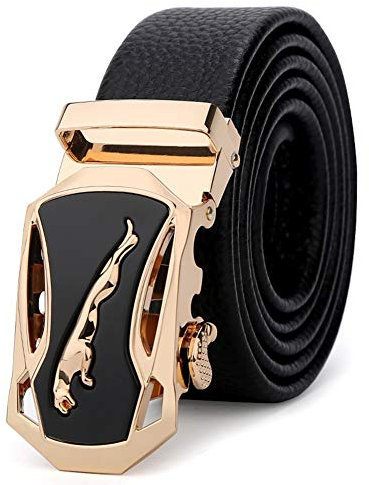 Automatik Gürtel Herren Leder Schwarz, Echt Ledergürtel Herren Jaguar Metall Gürtelschnalle Freizeit & Business Anzuggürtel für Männer 35mm Breit Herrengürtel mit Automatikschließe