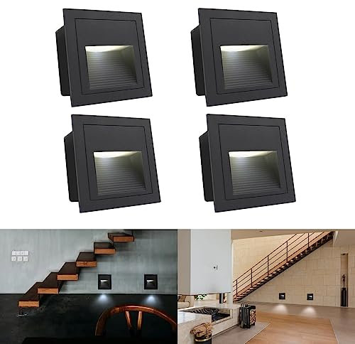 Arote 4er Set 3W LED Wandeinbauleuchte Wandleuchte Treppenlicht Stufenlicht Beleuchtung Lampe Alu 230V kaltweiß 6000K IP65 wasserdicht, eckig, Schwarz Gehäuse für Garten, Terrasse, Treppen