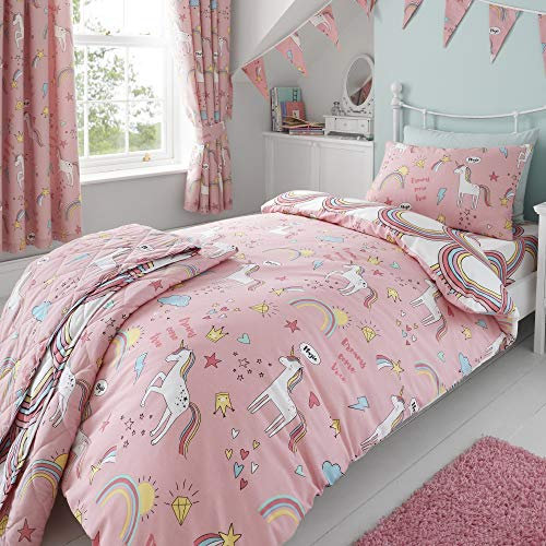 Set copripiumino - unicorni ed arcobaleni - double face - rosa - una piazza e mezzo