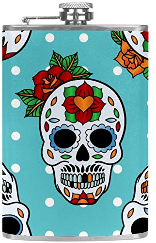 Flasque à whisky de poche en cuir avec entonnoir à main pour camping, pêche, barbecue, fête, bar, buveurs, bouteille de vin avec tête de mort à pois bleus