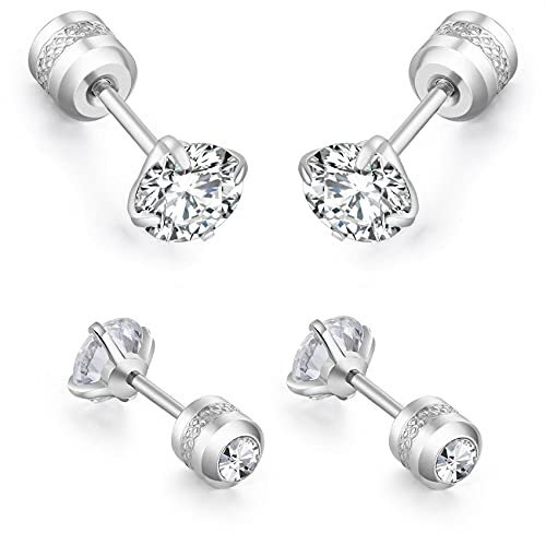 day.berlin Ohrstecker Damen 4er Set in Silber Ohrring mit Zirkonia Diamant Kristallen 3mm & 4mm Durchmesser, Edelstahl versilbert für Frauen und Herren