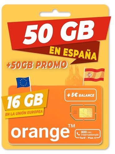 ORANGE Spain - 50GB Prepaid SIM Karte in Spanien | 800 Nationale und Internationale Minuten | 5€ Kredit | Aktivierung Nur online unter www marcopolomobile com