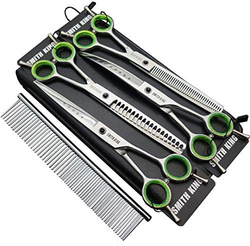 7,0 Zoll Professional Set de ciseaux de toilettage pour chiens Gerade & Ausdünnen & Gebogen & Chunker & Kamm 5 Stück in 1 Set für Linkshänder & Rechtshänder