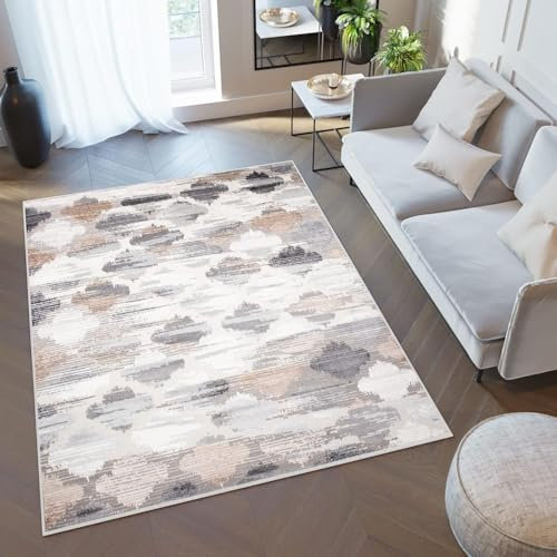 TAPISO Valley Teppich Kurzflor Beige Grau Creme Braun Kleeblatt Marrokanisch Verwischt Meliert Schlafzimmer Wohnzimmer ÖKO-TEX 200 x 300 cm
