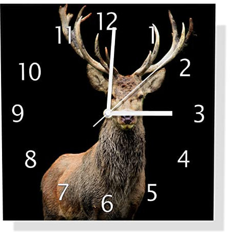 Wallario Design Wanduhr Stattlicher Rothirsch aus Aluverbund, Alu-Uhr Größe 30 x 30 cm, weiße Zeiger mit Metalloptik