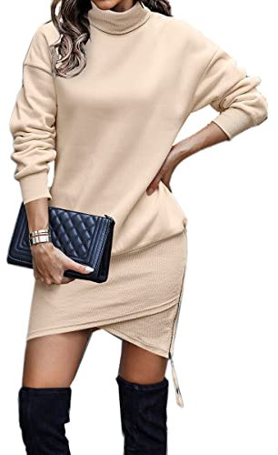 ABYOVRT Felpa Donna Vestito Lunga Feple Abito Collo Alto Maglioni Vestiti Sportivo Sweatshrt Lunghe Vello Pullover Hoodie Invernali Autunno,Beige,XL