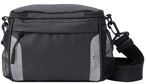 Totto - Bolsa Térmica Porta Alimentos, Modelo Bike, Bolsa para Manillar Bicicleta, 2 Compartimentos, 2 Bolsillos Laterales, Tejido Reflectante para Visibilidad, Color Negro