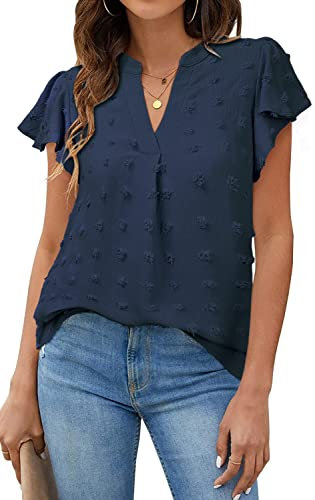 TOMEEK Chemise Femme Chic et Élégant Col en V Blouse Femme Chiffon D'été Tee Shirt Femme à Manches Courtes Fluide Haut Ample Tunique, Bleu Marine, Taille L