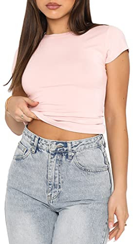 WINKEEY Essentials T-Shirt Y2K Femme T-Shirt Moulant Basique à Manches Courtes Crop Top Col Rond Haut été Chic, Rose Clair L