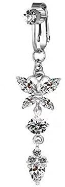 Faux ventre, anneau de nombril pour femme, anneaux de nombril à clipser, faux piercing de nombril papillon (argent)