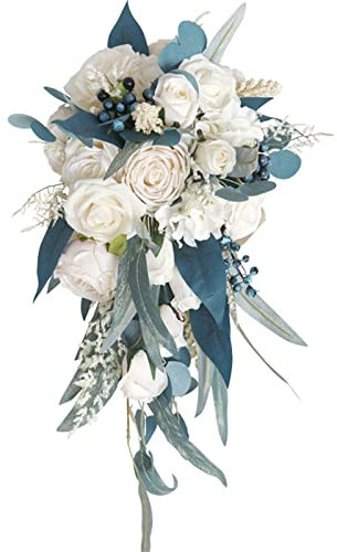 Fouriding Bouquet da sposa per sposa, pavone, blu, champagne, rosa, acqua, cascata, bouquet da sposa, fiori artificiali, per cerimonie, anniversari, matrimoni, feste