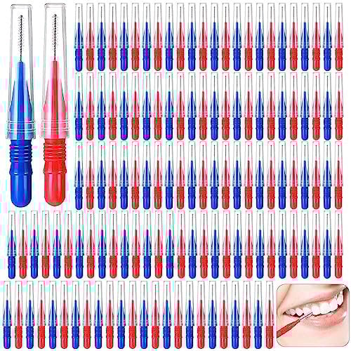 Acboor Zahnzwischenraumbürsten, 100 Stück Interdentalbürsten Dentalbürsten Zwischenraum Zahnbürste Wiederverwendbar für Reinigung Zwischen den Zähnen Zahnreinigung Werkzeug Rot Blau
