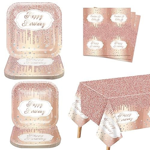 PIXHOTUL 61-Piece Rose Gold Party Decorations - Rose Gold Birthday Party Supplies, Paper Plates, Napkins, Tablecloth, Serves 20