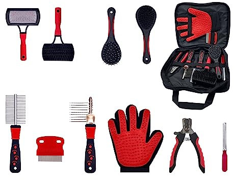 Masterclip Essentials Pet Grooming Set for Dogs Cats - Contains 8 Everyday Grooming Accessories; Dematting Comb, Nail Clippers, Nail Claw File, Double Sided Brushes & Comb, Grooming Glove & Flea Comb