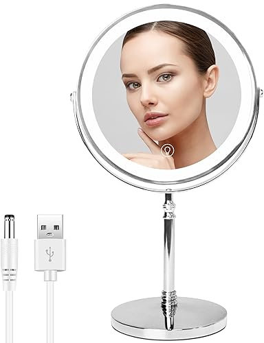 WITFAMILY Countertop Vanity Mirror, 8'' Rechargeable 1x/10x Magnifying Mirror with LED Lights,3 Color and Brightness Adjustable, Touch Control 360° Rotation Light up Mirror,8H Battery(Sliver)