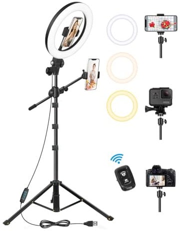 LUXSURE 10.5 Ring Light with Tripod Stand & Phone Holder, Overhead Phone Mount with 2 Shooting Positions, Tripod for iPhone with Ring Light for Video Recording/Live Streaming/Cooking