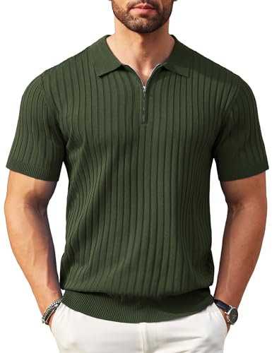 COOFANDY Herren-Poloshirt mit Reißverschluss, kurzärmelig, gerippt, modisch, lässig, Golf-Shirts., Grün (Army Green), 3X-Groß