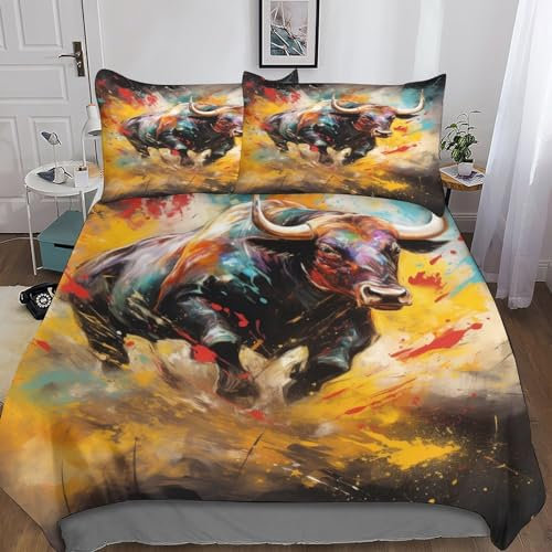 MEFESE Bullenbettwäsche Bed Linen 3 Piece Bunte Bullen Duvet Cover 3D Print Mikrofaser Für Kinder Teenager Erwachsene Tagesdecke Bezug with Zip Hypoallergener Hypoallergener Bedding Double(200x200cm)