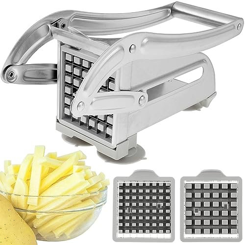Coupe-Frites, Coupe Frites Manuel, Coupe Frite Professionnel avec 2 Lames de Rechange en Acier Inoxydable et Base D'aspiration Sécurisée pour Pommes de Terre Carottes Concombres Ananas (Argent A)