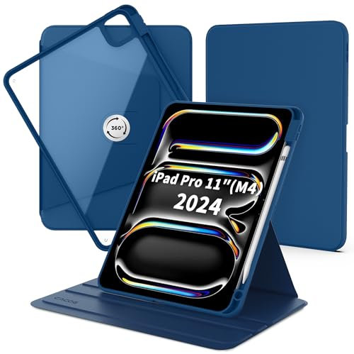 CACOE Coque pour iPad Pro 11 Pouces 2024 M4 avec Rotation à 360 Degrés Étui de Protection pour iPad Pro 11 Pouces 5ème Génération avec Dos Transparent et Bordure Antichoc en TPU, Bleu Marine
