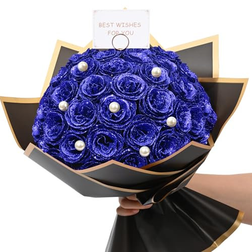 Waipfaru Bouquet di rose artificiali glitterate blu fai da te, bouquet di rose artificiali eterne, lucide, per San Valentino, anniversario, fidanzamento, matrimonio, 36 rose