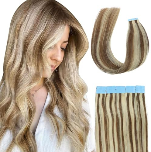 Tape Extensions Echthaar Extensions Echthaar Tape In Extensions Echthaar 40 cm 40g Remy HaarverläNgerung Echthaar Invisible Seidig Gerade Skin Weft 20pcs Aschbraun Mit Blond #6/613