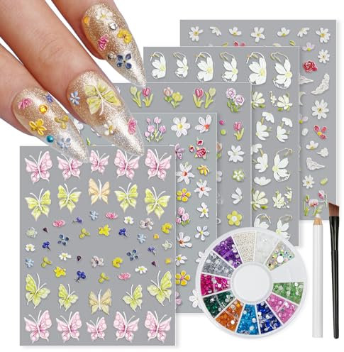 EARLMONI 5 Sheets Nail Art Stickers, 5D Butterfly Nail Decals Flower Nail Stickers for Nail Art, Nail Stickers & Decals with Bursh, Pick Up Tweezers, 1200Pcs Nail Rhinestones