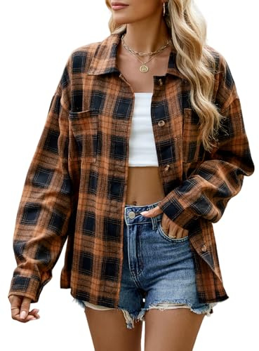 Decorie Camicia Donna Elegante a Quadri Maglia Donna Manica Lunga Top Donna Blusa Maglietta (Marrone Scuro,XL)