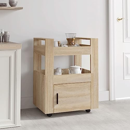 AUVYI Rollwagen Sonoma-Eiche Servierwagen Küchenwagen Mit 2 Ablagen und 1 Fach Küchenregal auf Rollen Kaffeewagen Holzwerkstoff 60x45x80 cm