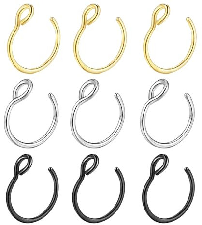 9 Stück Nasenpiercing Ring,Fake Piercing Ring,Nasenring Fakes,Septum Lippenpiercing Piercings Set,Nasen Nasenpircing,No Nadel Ohrring,Chirurgenstahl für Nostril,Brüste,Ohr Lippe(Gold Silber Schwarz)