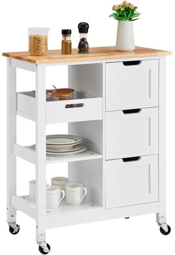 VEVOR Isla de Cocina con Carrito, Barra de Desayuno Móvil con Superficie de Madera, con 3 Cajones, Estantes y Ruedas, para Comedor, Cocina, Sala de Estar, Estilo Rústico, Blanco, 670 x 370 x 840 mm