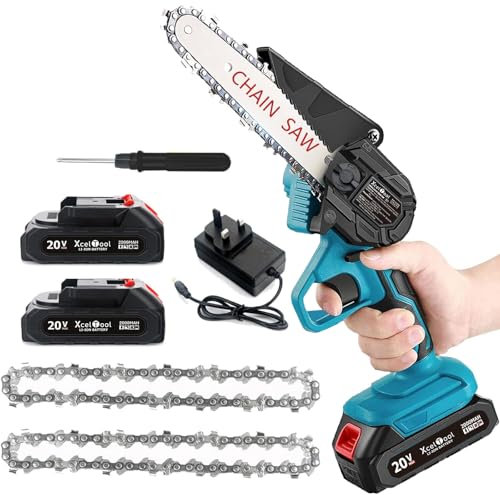 Funnyway Mini Chainsaw Cordless, 6 inch Brushless Motor with 2 Batteries,750W Handheld with Security Lock,Small Chainsaw 18V for Tree Household and Garden Cutting