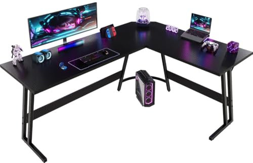 Devoko L Shaped Gaming Desk 170x130x75cm With Removable Monitor Stand, Corner Computer Desk With LED Lights Large PC Writing Table for Home and Office,Easy to Assemble, Carbon Fibre Black