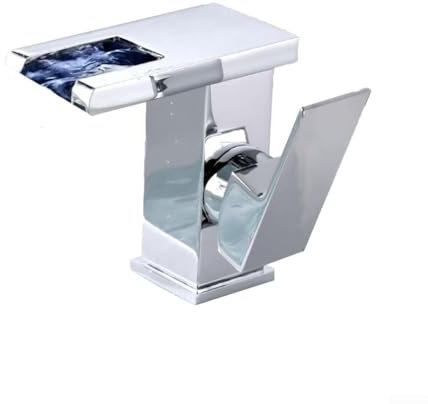 Robinet cascade LED lumineux à changement de couleur pour lavabo de salle de bain, cuivre, trois couleurs différentes, poignée unique (argent)
