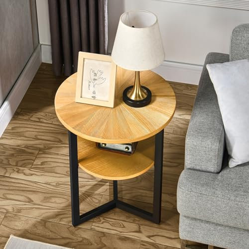 PADMA HOUSE Runder Tisch mit Aufbewahrung mit Bauernhof-Ende, im Wohnzimmer, runder Tisch mit Zwei Etagen, aus Massivholz am Eingang des Büros des Schlafzimmers (Oak, 49 x 49 x 60 cm)