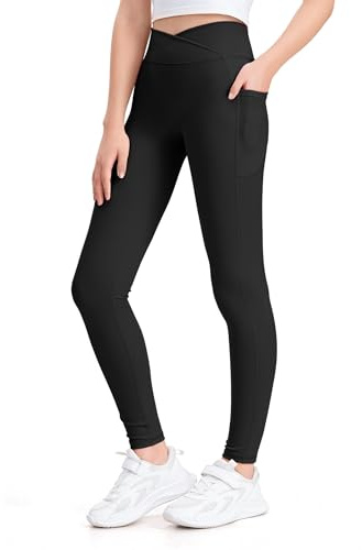 KEREDA Girls Athletic Leggings V Cross Yoga Pants Teen Girls with Pocket for Workout,Gym,Running,Dance Black 7-8 Y