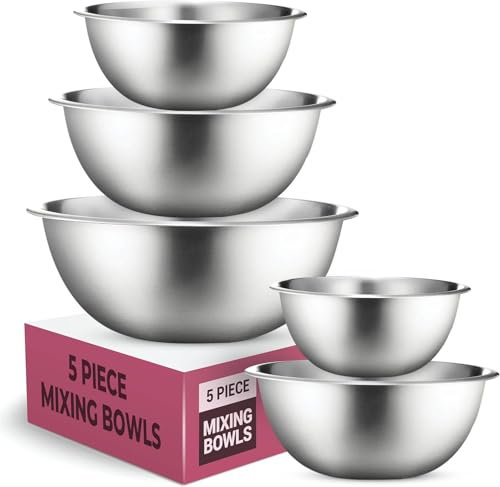 GARUET Mixing Bowls Set, Easy-Grip, Stainless Steel Mixing Bowls for Baking, Cooking, Salad & Food Prep - Large, Medium and Small Metal Nesting Bowls (5, Stainless Steel)
