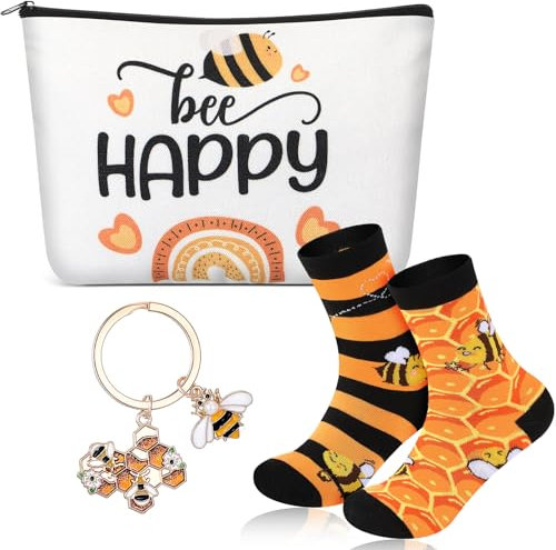 Xuniea Set de Cadeau Inspirant de 3 Pièces pour Femme Trousse à Cosmétiques Porte-Clés et Chaussettes Cadeau de Remerciement sur Thème des Animaux pour Personnel Noël Anniversaire (Style Abeille)