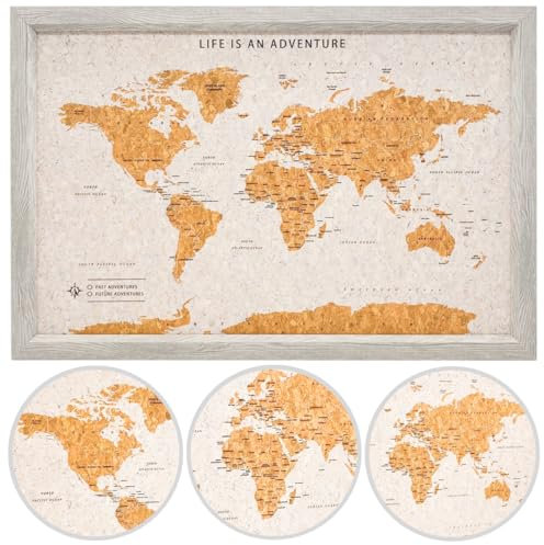 Splosh Framed Travel Map - Grey Medium Wooden Pin Board with 100 Pins. Travel Map Cork Board. Wooden World Map, Corkboard Map Travel Gift. Mark your fast & future adventures!