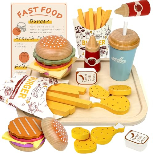 Masonbaby Kinderküche Spielküche Zubehör Holz, Holzspielzeug Lebensmittel - Hamburger Fast Food Lebensmittel Kinderküche Spielzeug, Lernspielzeug Holzspielzeug Rollenspiele Geschenk für Kinder