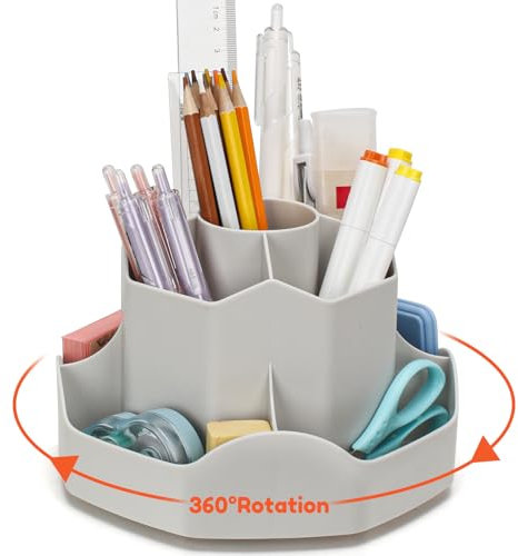 Euqvunn Rotating Pencil Pen Holder for Desk, Pen Pot Desk Organiser with 9 Independents, 360° Makeup Organiser Space-Saving Pencil Pot for Kids, Modern School Office Supplies Keep Desk Tidy (Grey)