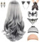 STFYUG Perücke Damen Grau, Lange Gewellt Silber Grau Perücke, Grey Wig Lang Haar Gelockt, Hexenperücke Gotisch Halskette Armbänder, für Halloween Karneval, Mottoparty