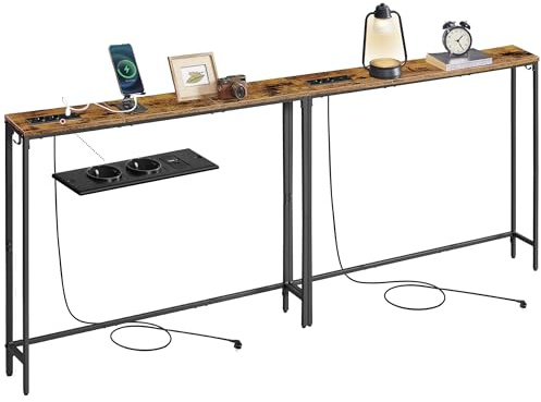 VASAGLE Set of 2 Console Tables with Charging Station, Slim Behind Sofa Tables, 15 x 100 x 80 cm, 2 Hooks, Easy Assembly, for Hallway, Living Room, Rustic Brown and Ink Black LNT078K02