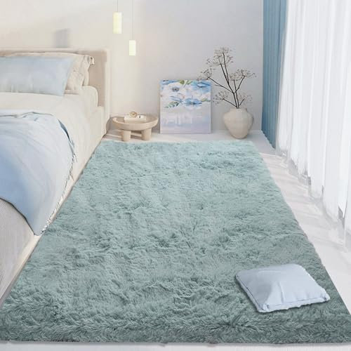 CUIMEI Schlafzimmer Klein Teppich 40 x 60 cm, Anti-Rutsch Unterseite, Waschbar Bis 30 Grad, Super Soft, Felloptik, Einfache Reinigung, Schlafzimmer Weich Teppich, hellblau