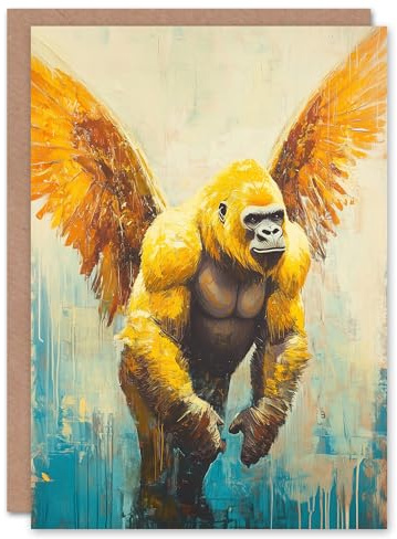 Artery8 Greeting Card Golden Yellow Gorilla Angel Wings Oil Painting Blank For Him Or Her Art Birthday Card