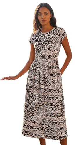 Roman Midi Dress with Pockets for Women UK Ladies Stretchy Jersey Maxi Long Short Sleeve Elasticated Gathered High Waist Boho Flattering Skater Swing Fit Flare - Abstract Black - Size 20